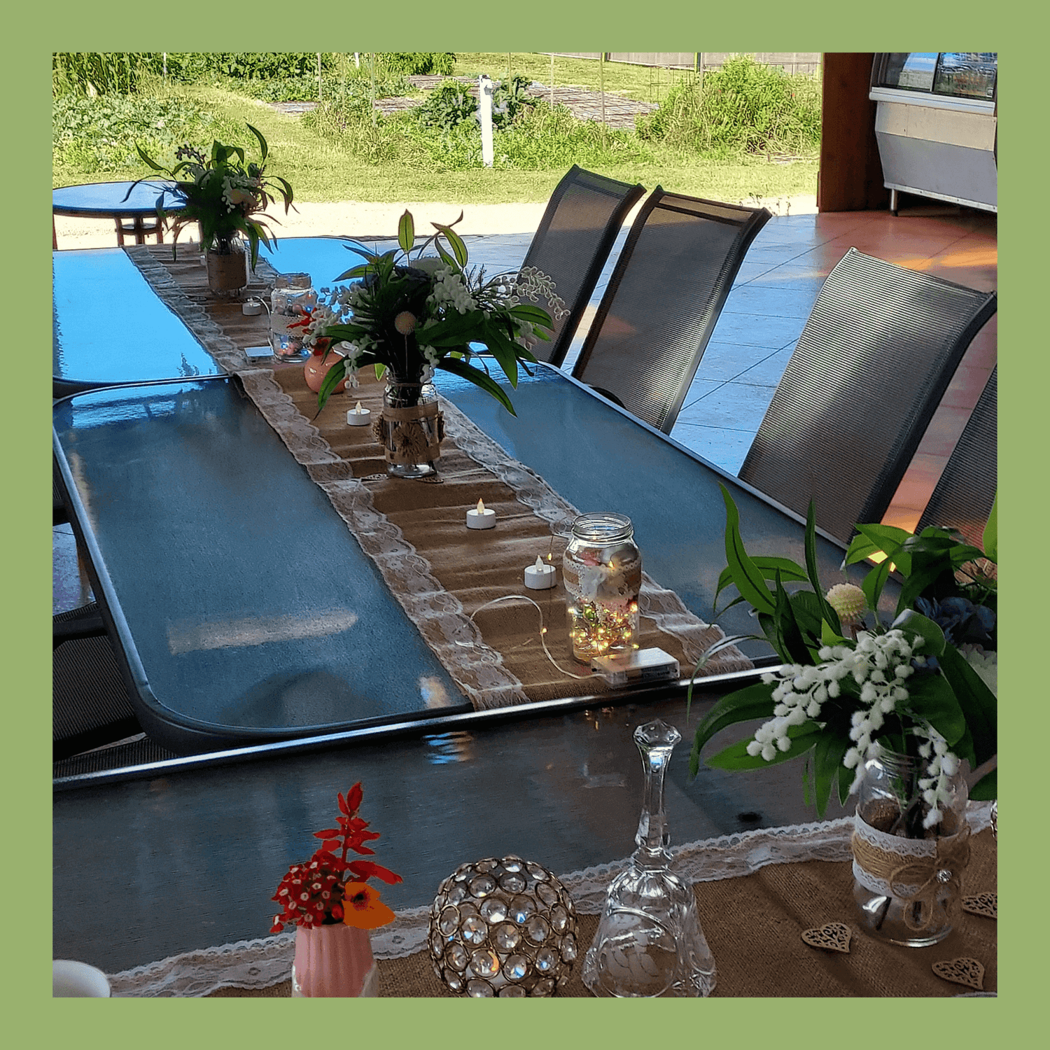 Outdoor seating area with hammocks and shaded relaxation space at the farm