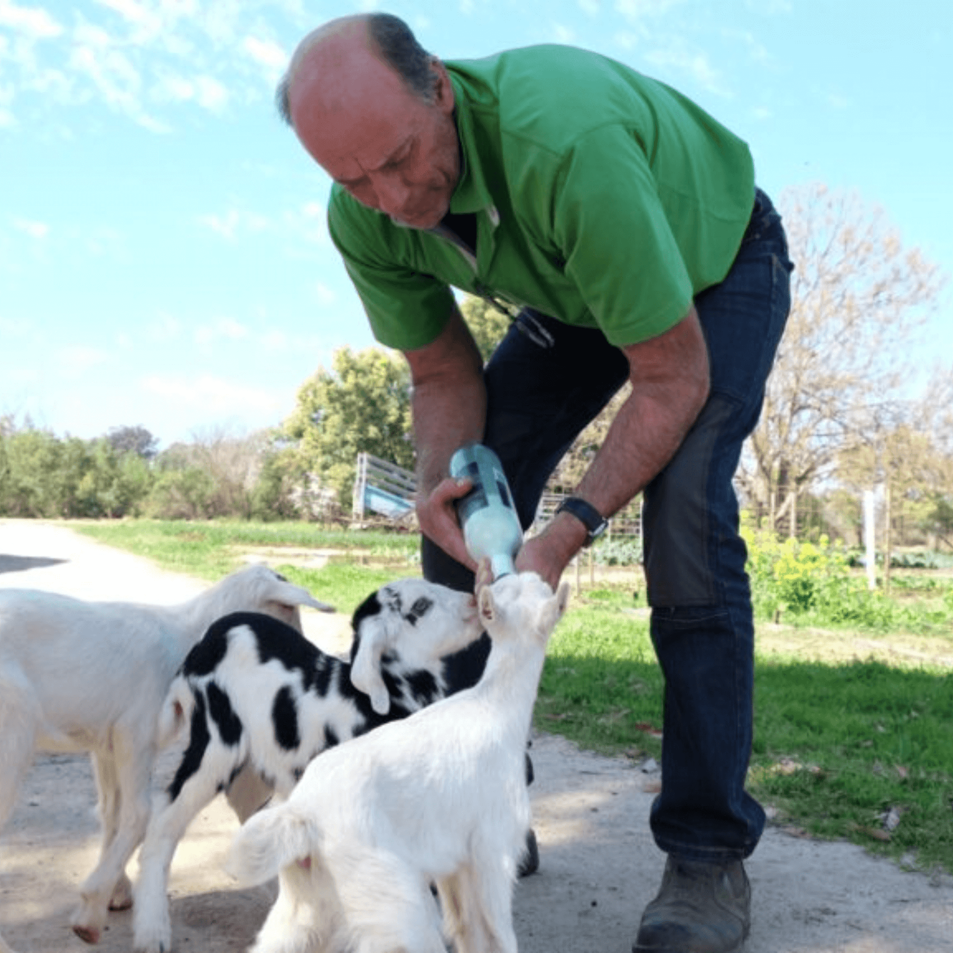 Farmer petting a young goat on the family farm